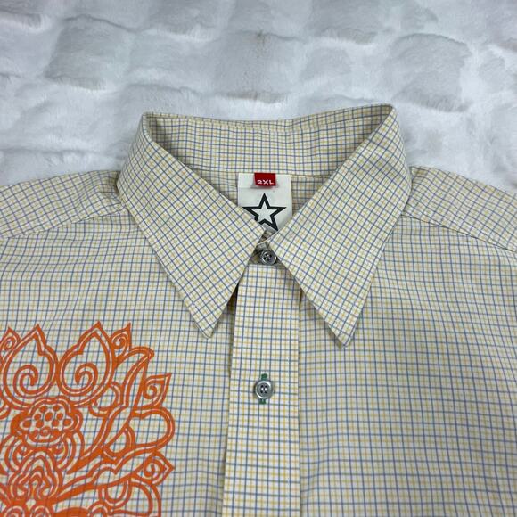 🔥Checked Yellow Gray Skull Artsy Painted Short Sleeve Button Up Shirt 2XL - Picture 2 of 15